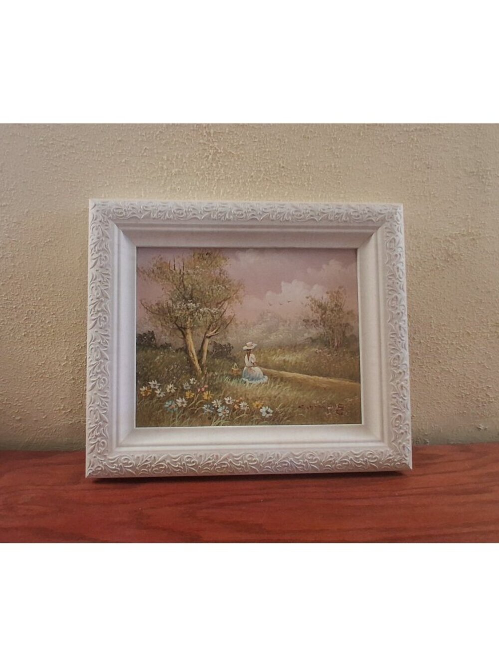 Original Oil Painting Girl In  Nature and Flowers White Frame Signed Cottage